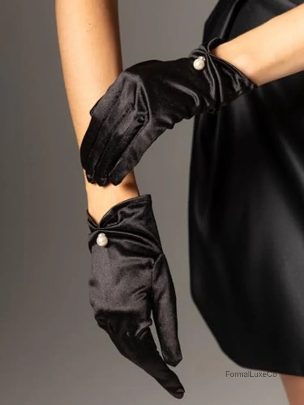 Elegant Stretch Satin Opera Gloves with Pearl Accent, Wrist Length Bridal Gloves